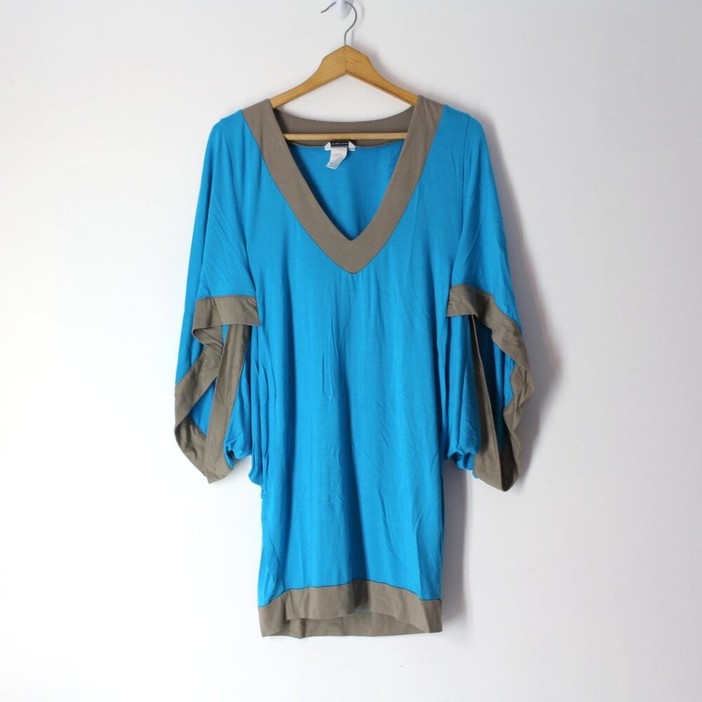 Trina Turk Size S Blue and Gray/Tan Choir Sleeve Modal Tunic Top Or Mini Dress
